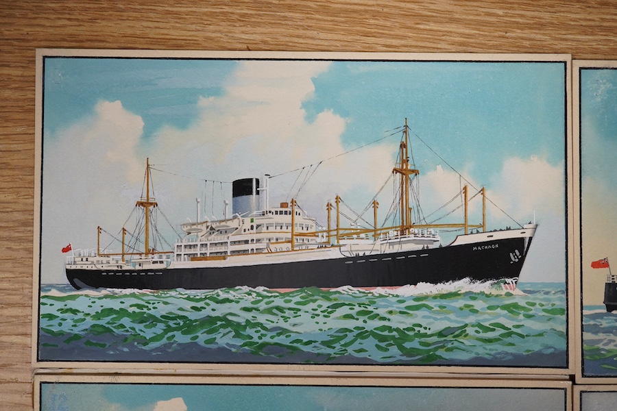 Harry Hudson Rodmell (1896-1984), six original gouaches on card for postcard designs, Merchant Shipping scenes to include MV Container Enterprise, MT Boston Arrow and MV Caxton, one signed, 12 x 20cm, unframed. Condition